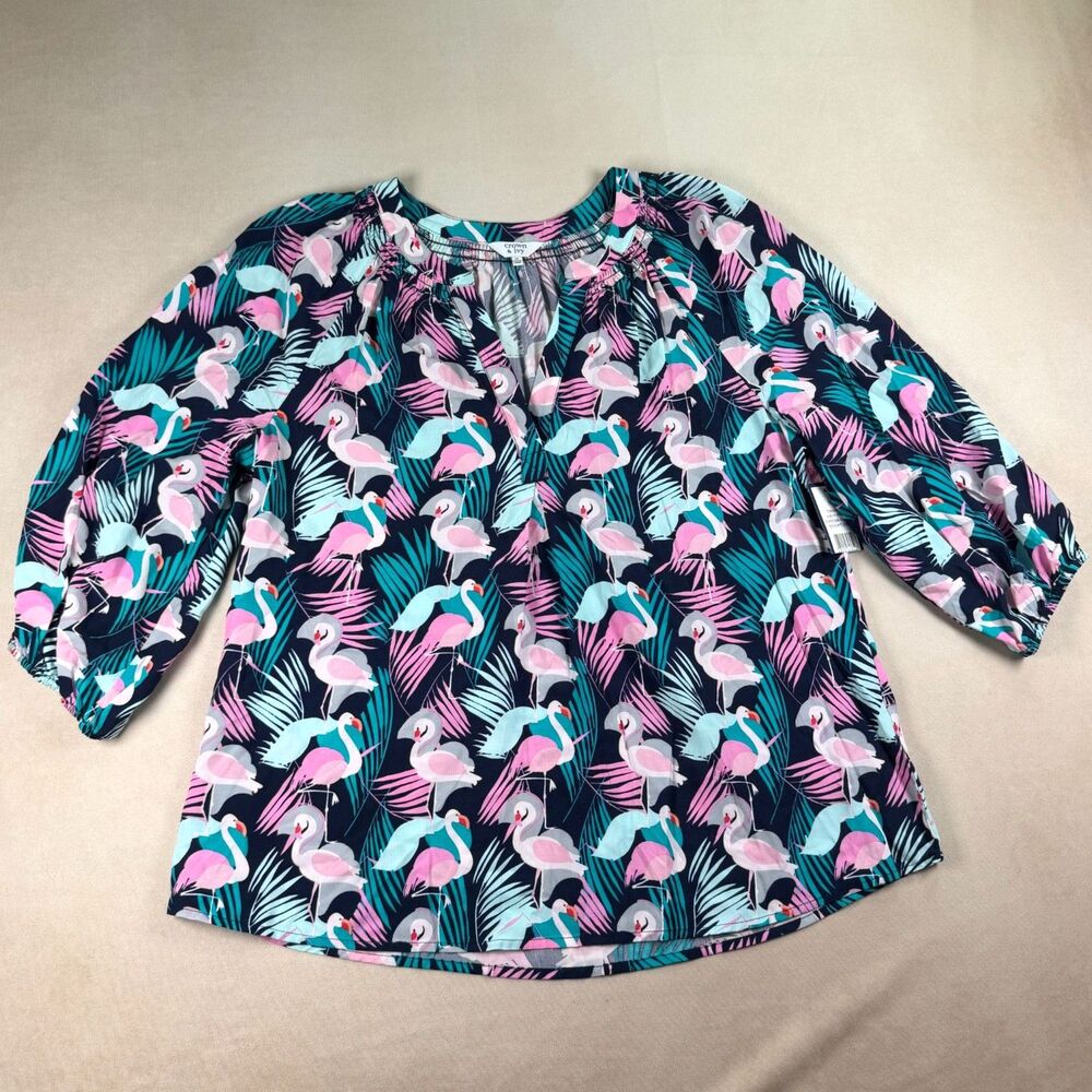 NWT Crown & Ivy Flamingo Print Blouse Women's Medium Rayon 3/4 Sleeve Tropical